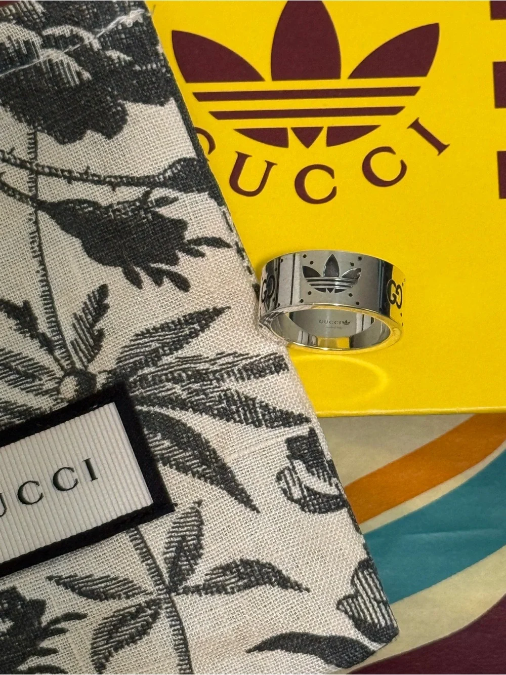 Gucci x Adidas Silver Band Ring with Box, Dustbag, Ribbon, Tissue
